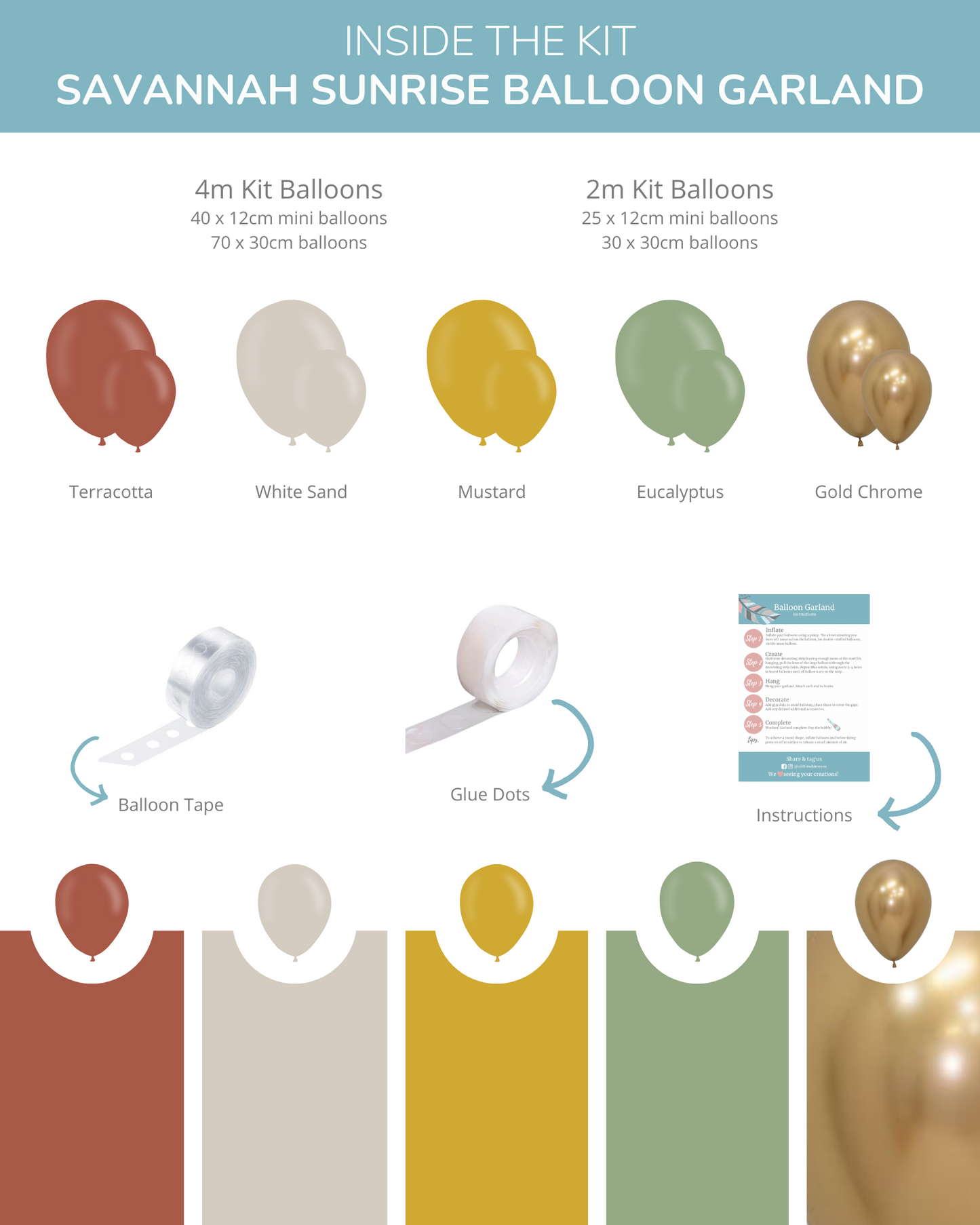 Colorful balloons in terracotta, white sand, mustard, eucalyptus, and gold chrome arranged for festive decoration.