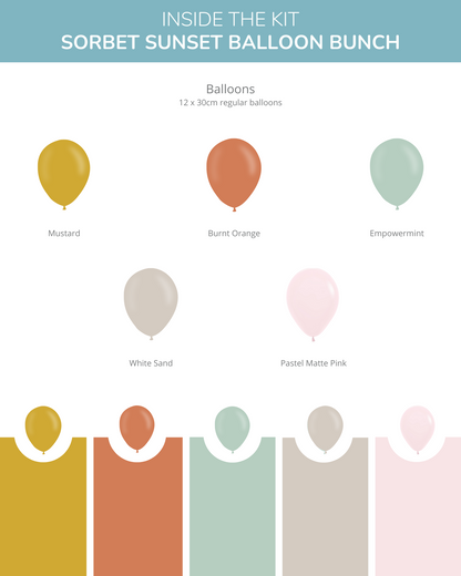 A collection of pastel balloons in mustard, burnt orange, empowermint, white sand, and pink shades with circular cutouts.