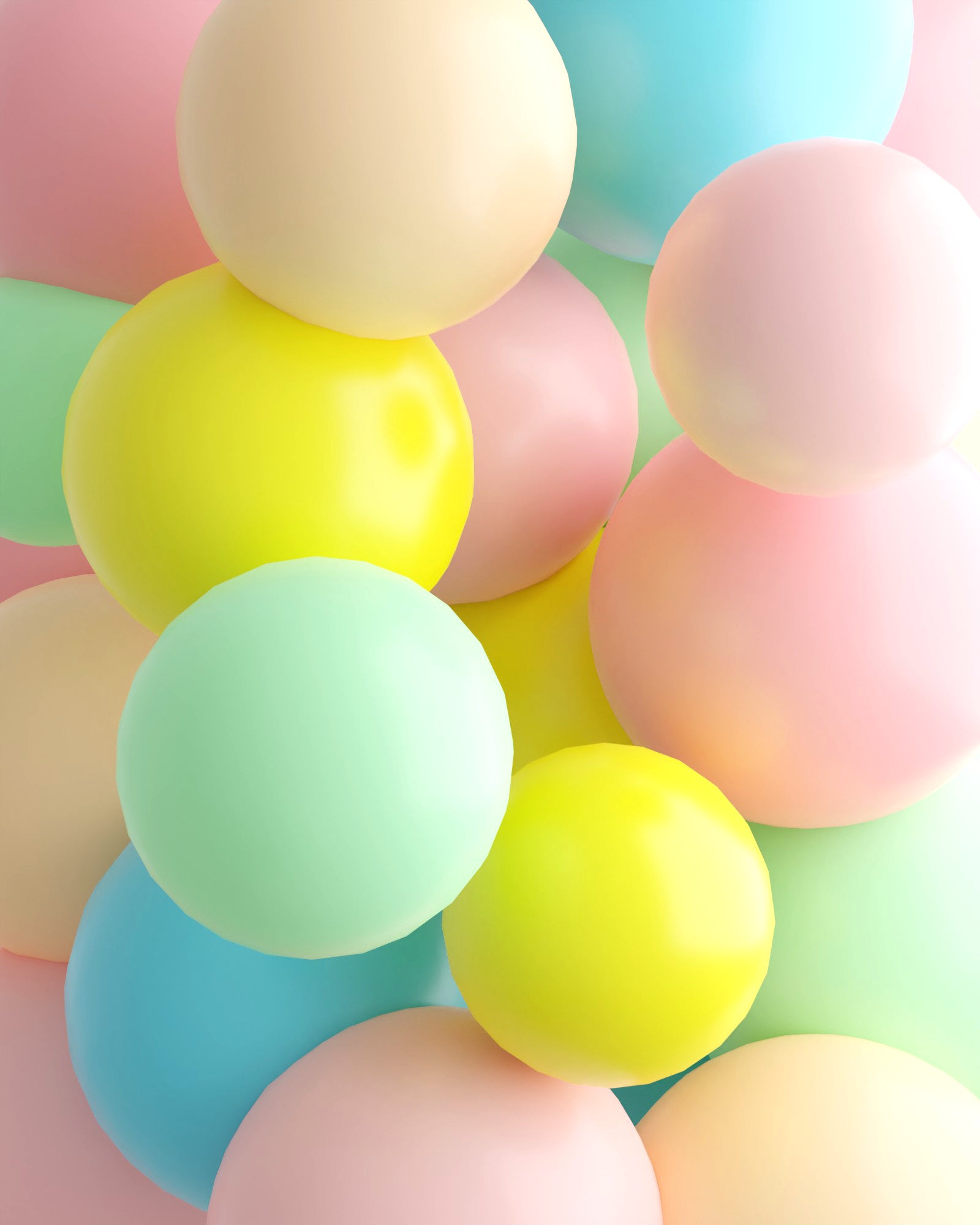 A vibrant mix of pastel-colored spheres in soft greens, yellows, pinks, and blues, creating a cheerful, playful scene.