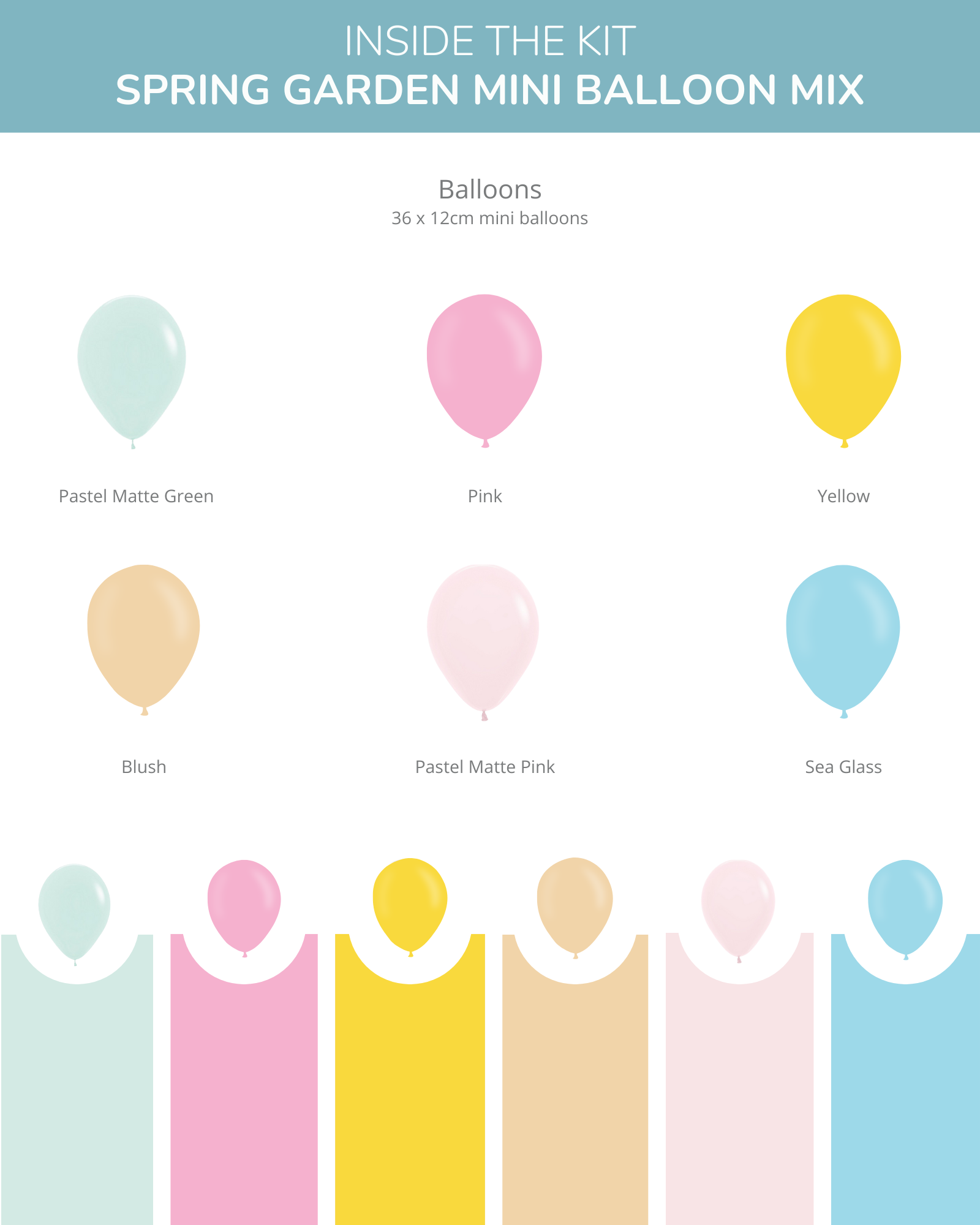 Colorful assortment of pastel balloons: green, pink, yellow, blush, and sea glass, with matching soft backgrounds.