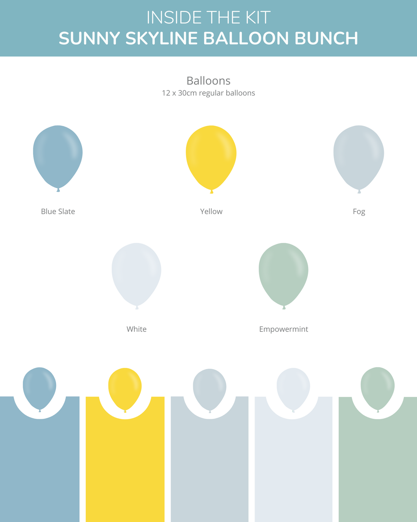 A colorful assortment of balloons in blue, yellow, fog, white, and green shades arranged in a neat layout.