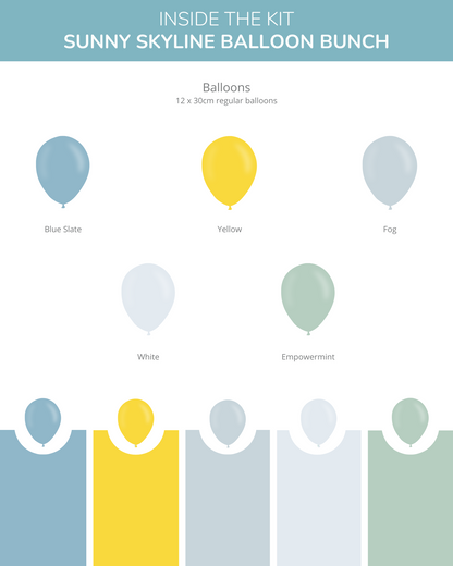 A colorful assortment of balloons in blue, yellow, fog, white, and green shades arranged in a neat layout.