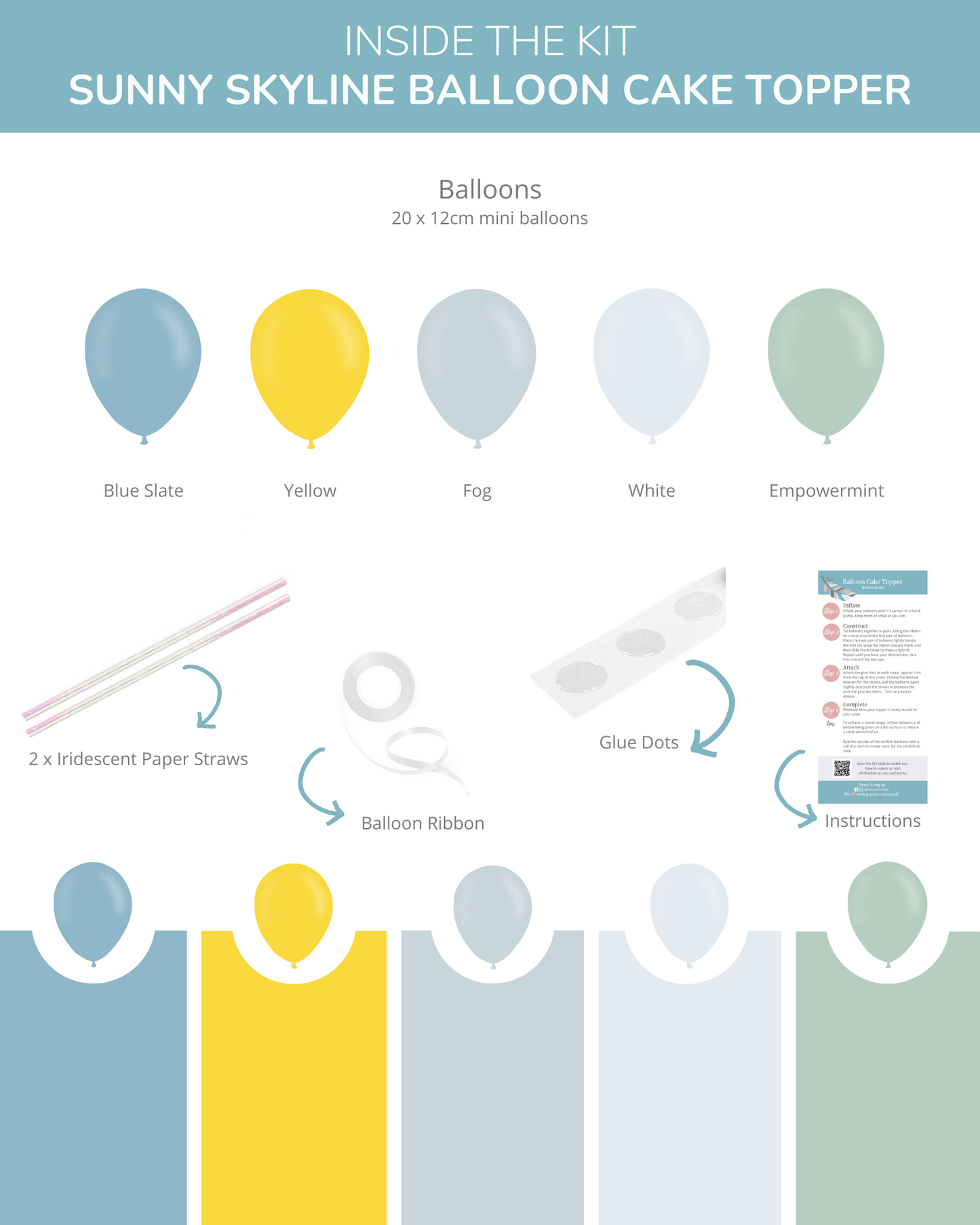 A colorful assortment of mini balloons in blue, yellow, white, and mint, alongside straws and glue dots for assembly.