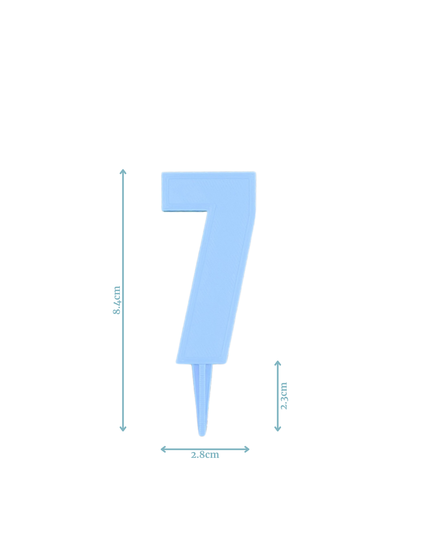 Light blue numeral "7" with pointed base, measuring 8.4cm tall and 2.8cm wide, displayed against a white background.