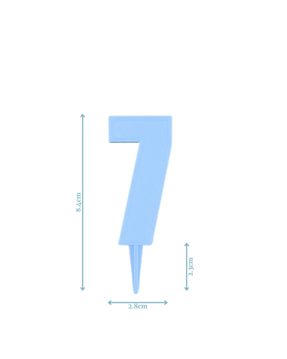 Light blue numeral "7" with pointed base, measuring 8.4cm tall and 2.8cm wide, displayed against a white background.