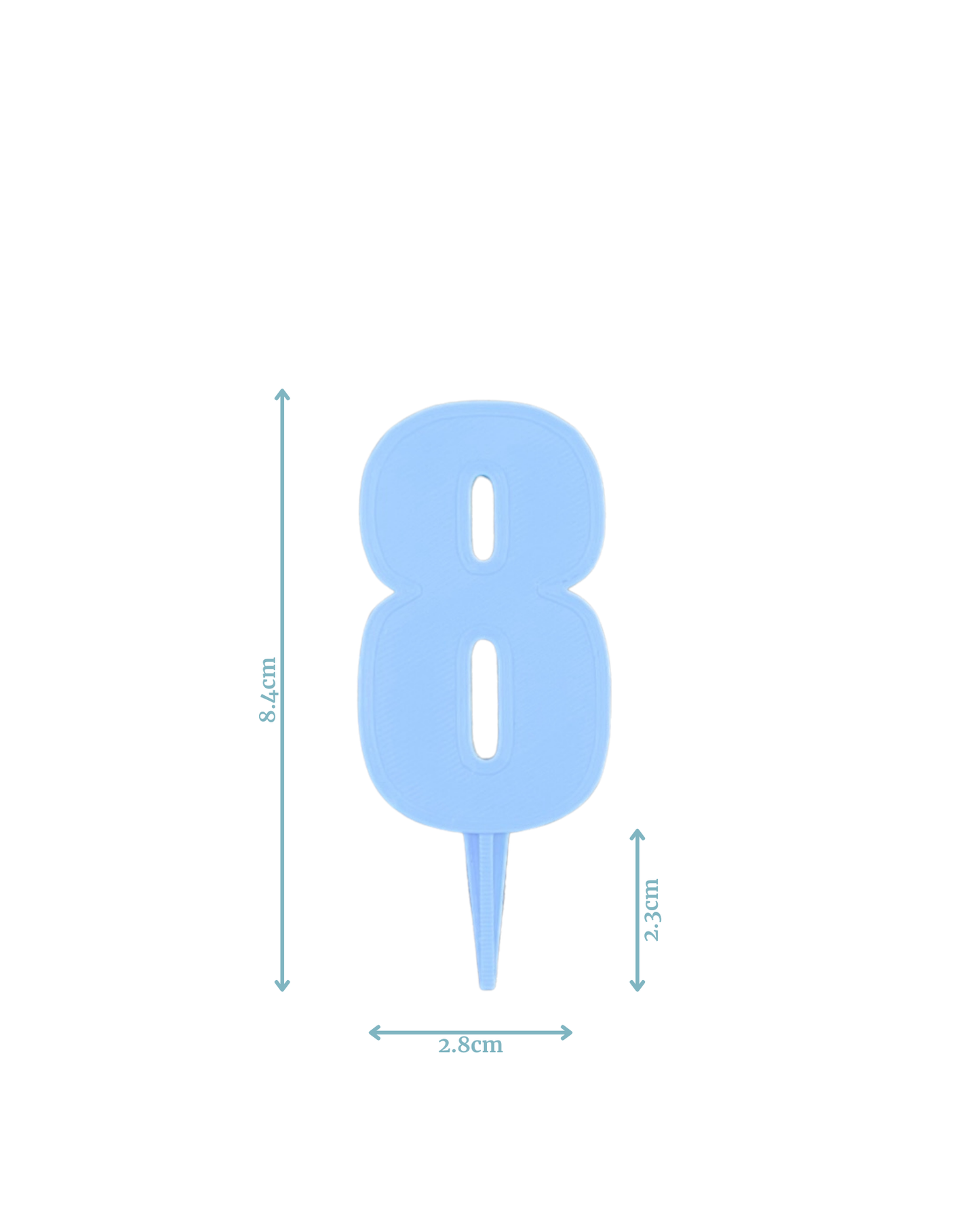 Blue numeral "8" with a pointed base, measuring 8.4cm tall and 2.8cm wide, against a white background.