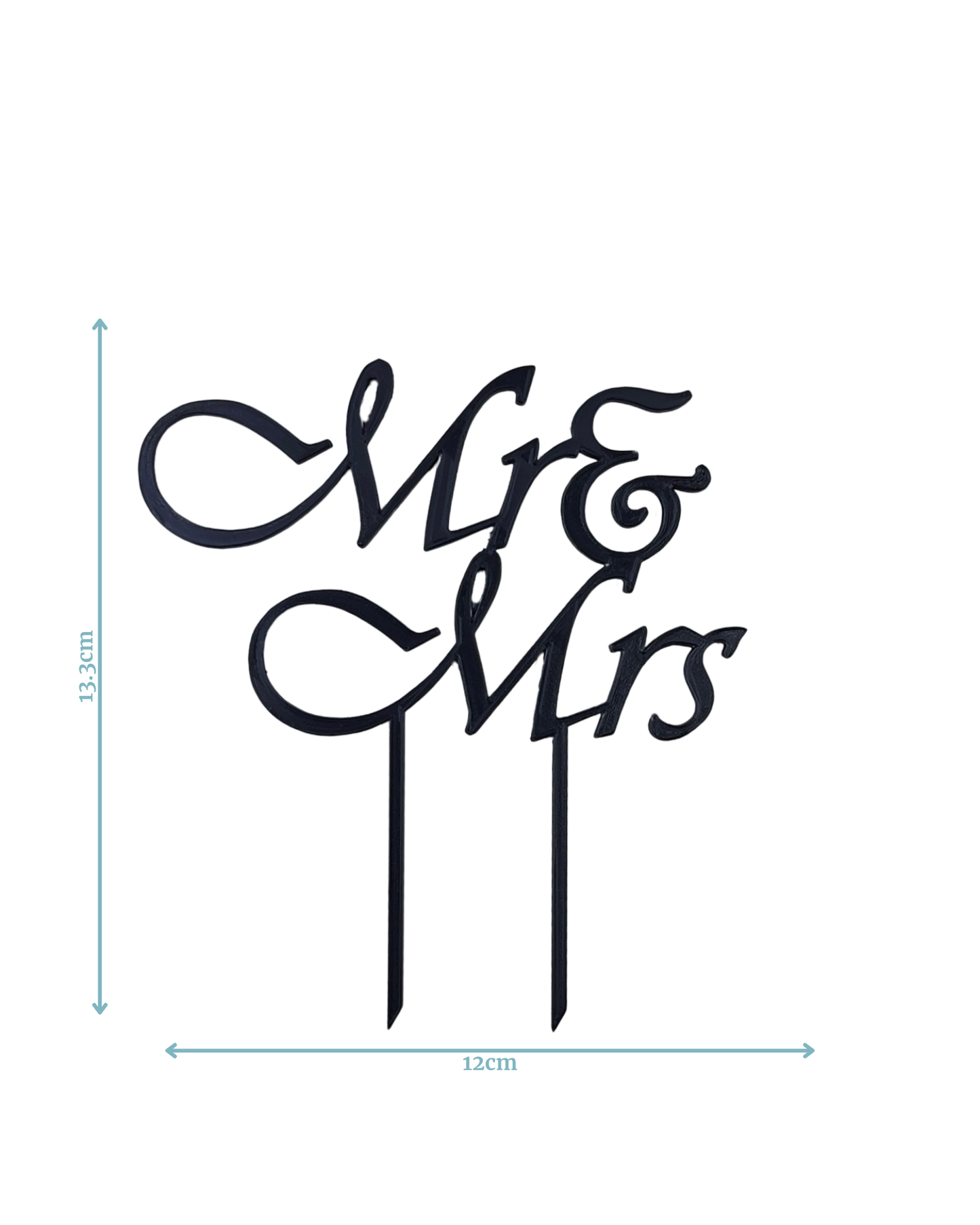 Elegant black script reads "Mr & Mrs," featuring intricate lettering and two pointed stakes for secure placement.