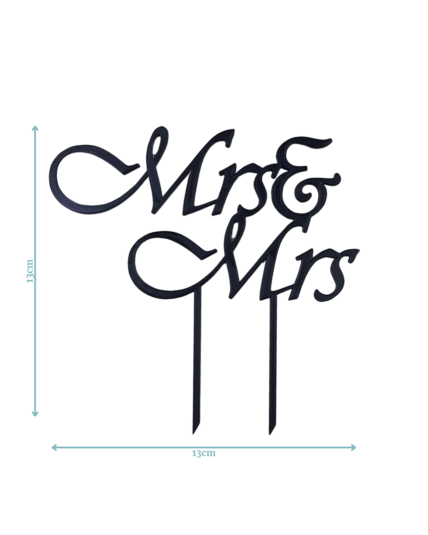 Elegant black "Mr & Mrs" script with stakes, measuring 13cm by 13cm, perfect for celebrations or special occasions.