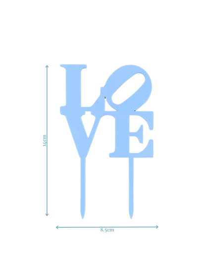 Sky-blue decorative letters spelling "LOVE" with pointed ends for insertion, measuring 14cm tall and 8.5cm wide.