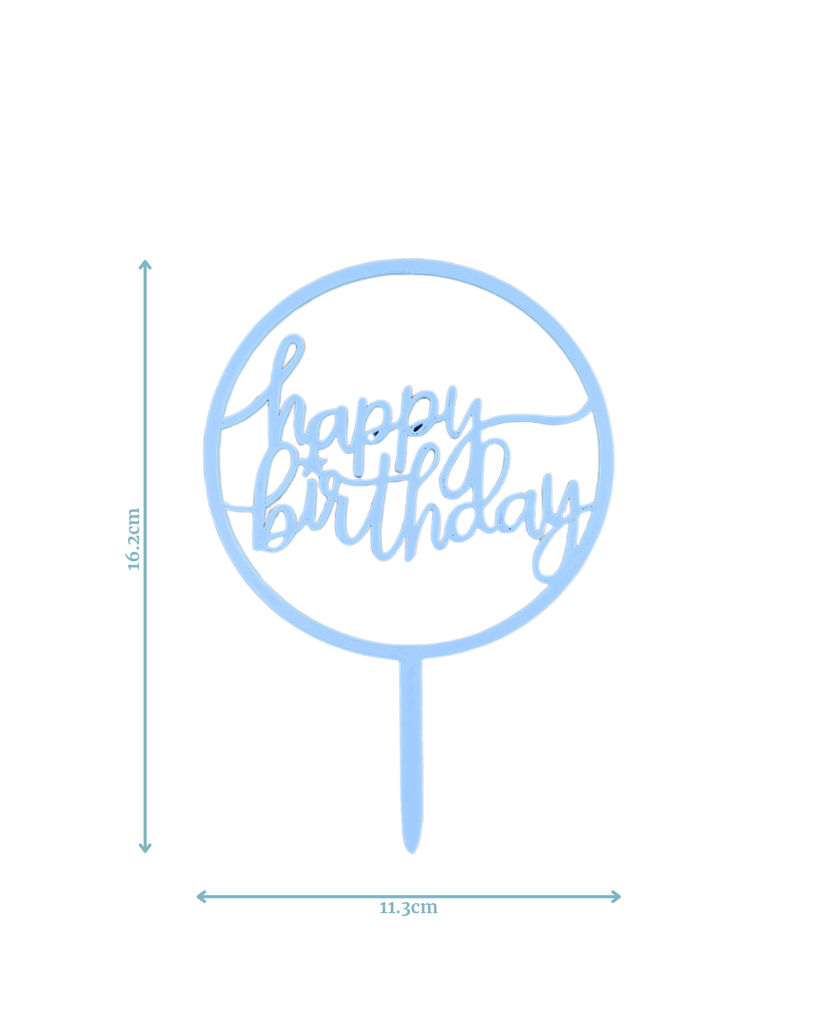 Blue "happy birthday" topper with a circular outline and stick, measuring 16.2 cm tall and 11.3 cm wide.