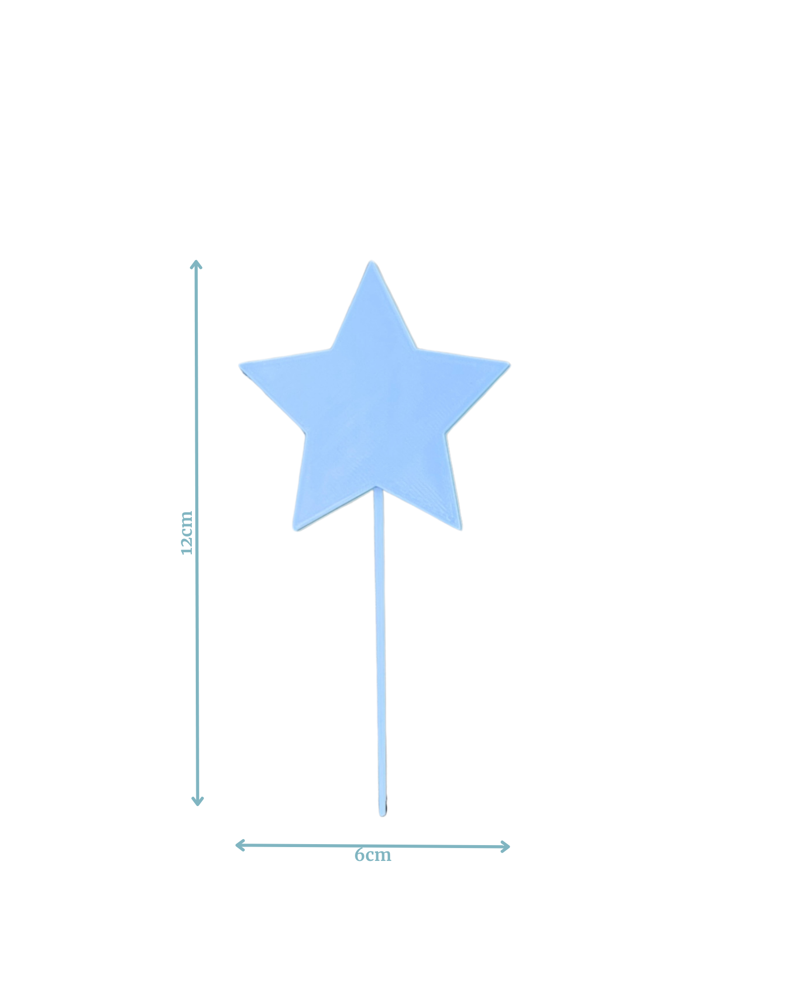 Light blue star shape on a slender stick, measuring 12cm tall and 6cm wide, against a plain background.