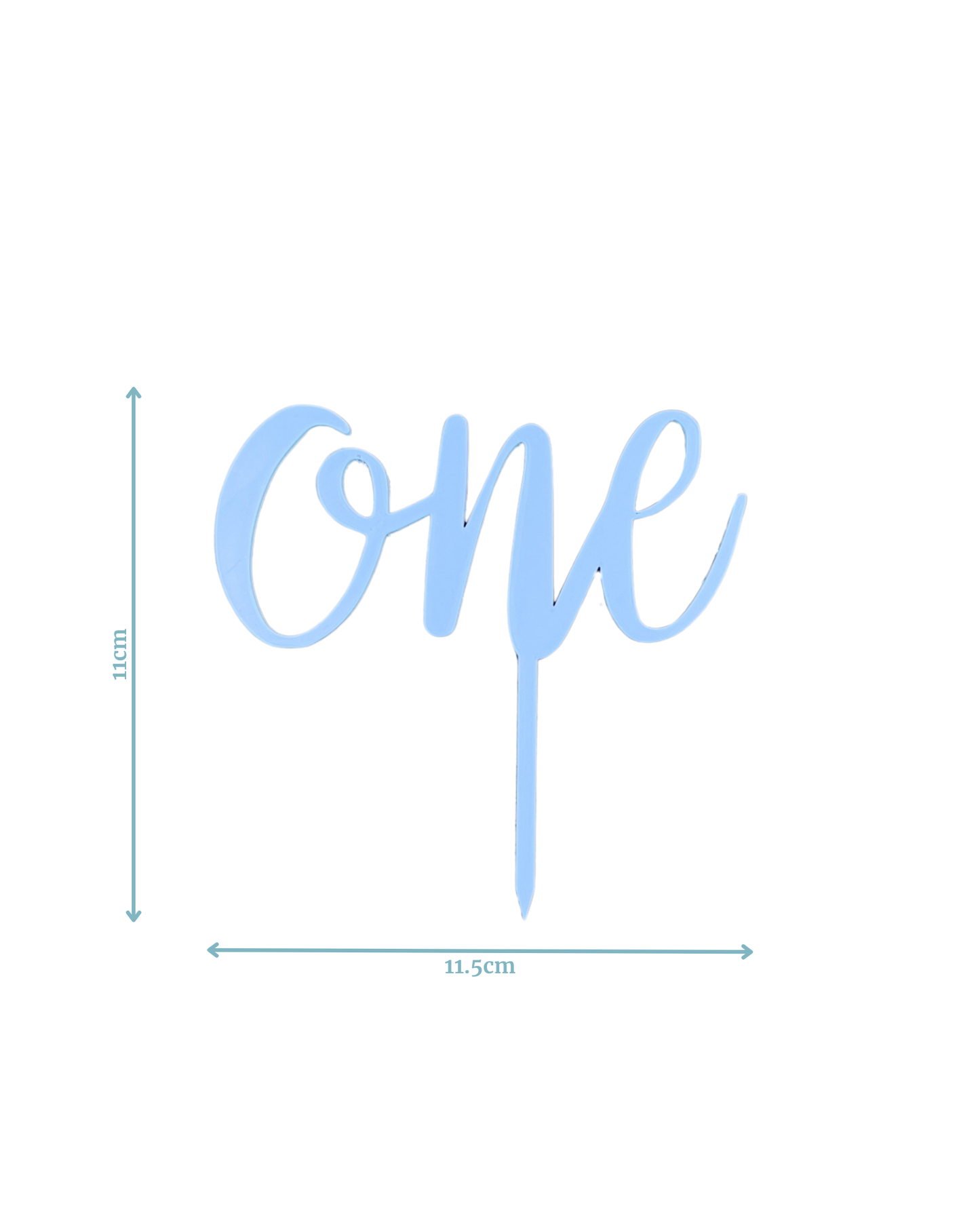 Light blue cursive text spelling "one," measuring 11.5 cm wide by 11 cm tall, set against a white background.