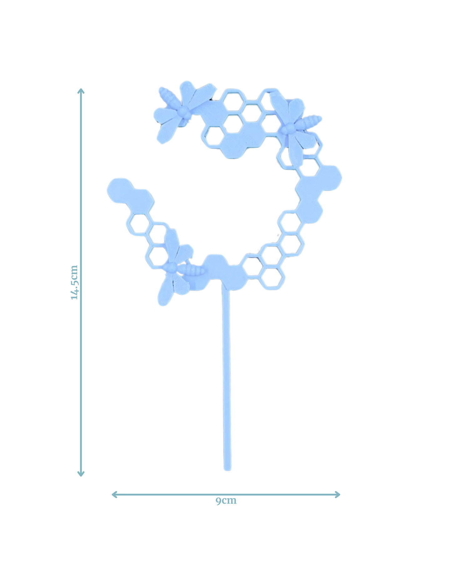 Blue honeycomb-shaped decoration featuring small flowers and bees, measuring 14.5 cm tall and 9 cm wide.