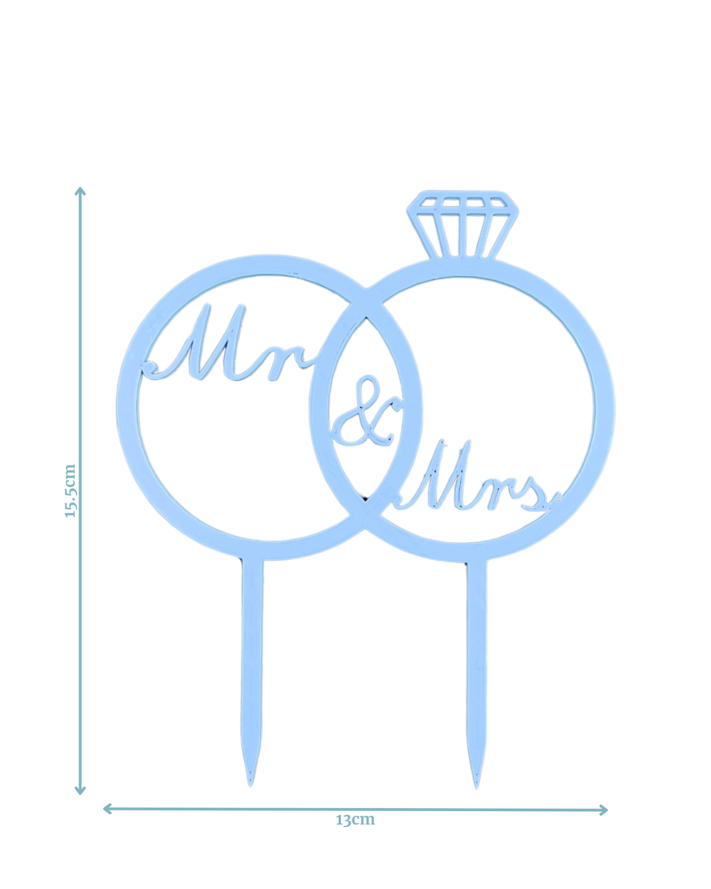 Light blue cake topper featuring intertwined rings and the phrase "Mr & Mrs," perfect for celebrations.