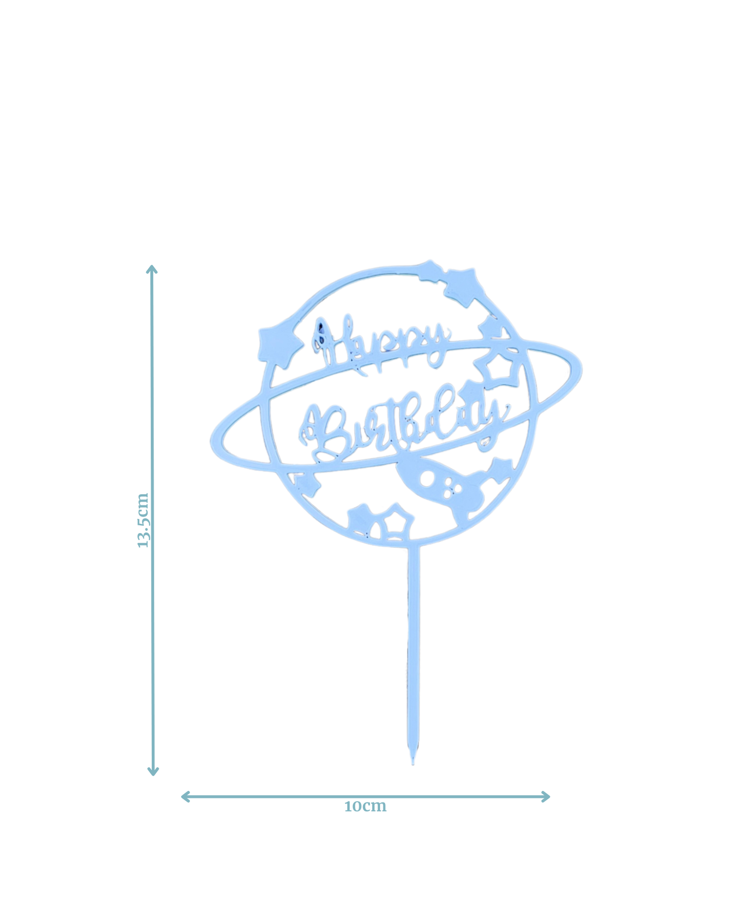 Light blue decoration featuring "Happy Birthday" within a circular planetary design and small stars.