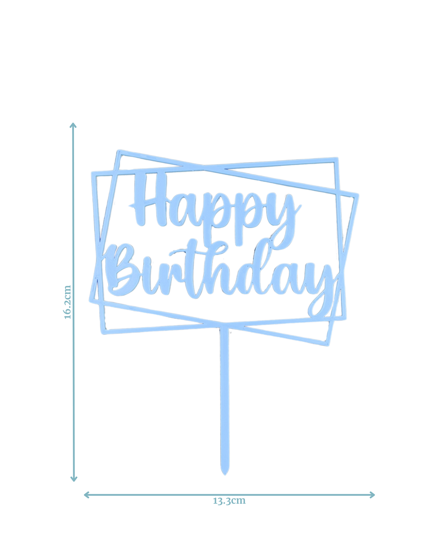 Light blue decorative sign with the text "Happy Birthday" framed by two overlapping rectangles. Dimensions shown.