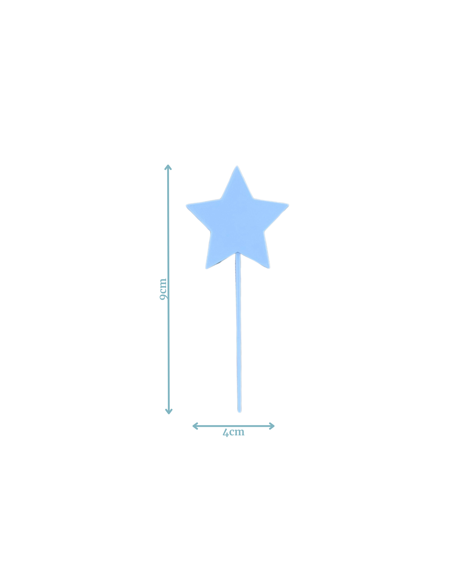 Light blue star-shaped decoration on a thin stick, measuring 9 cm tall and 4 cm wide, against a white background.