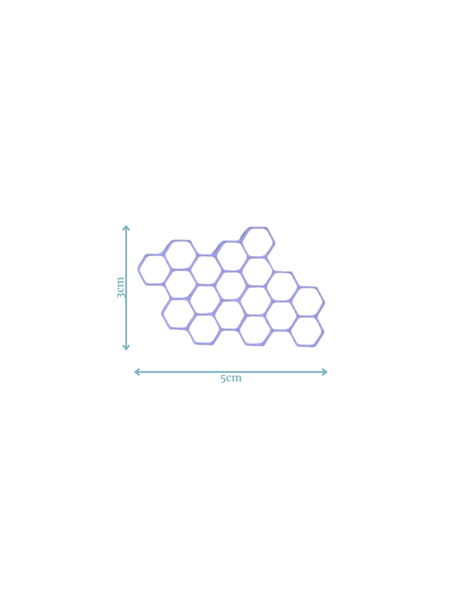 A hexagonal pattern with light purple outlines, measuring 5cm wide and 3cm high, on a plain background.