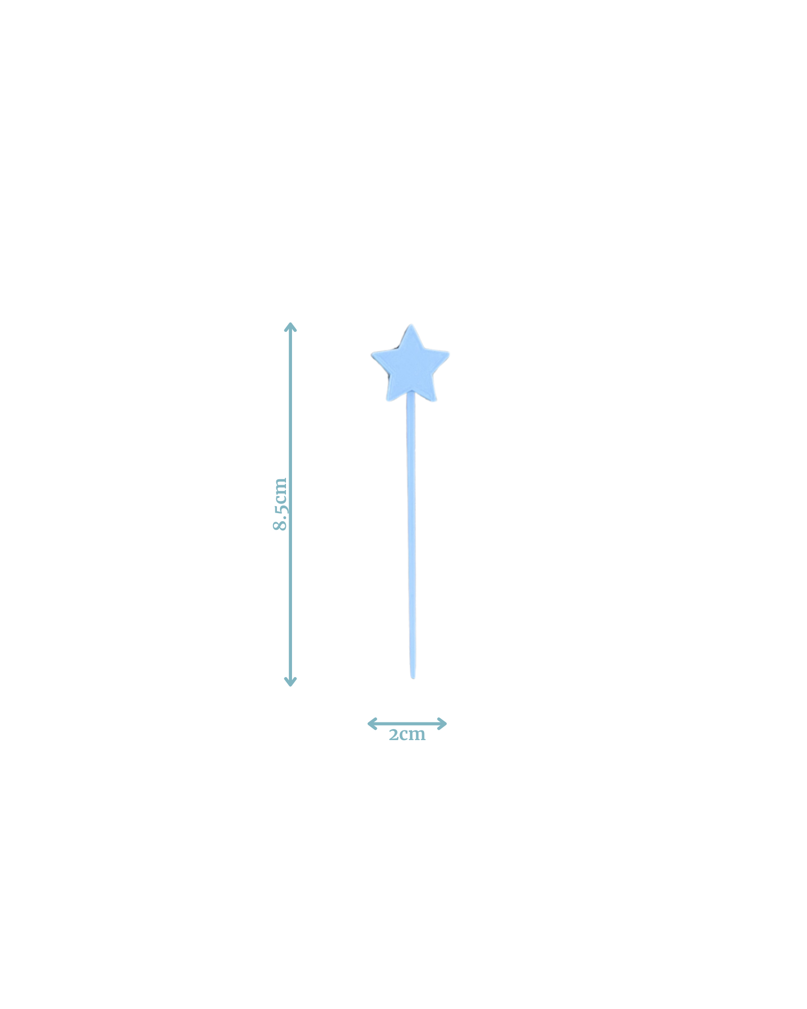 Light blue star-shaped pick measuring 8.5 cm tall and 2 cm wide, set against a plain white background.