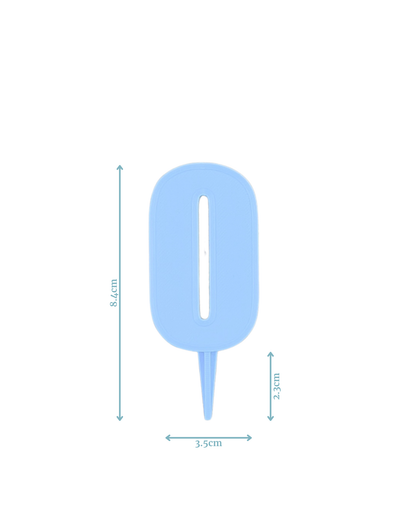 A light blue marker with a rectangular shape and a pointed end, measuring 8.4 cm tall and 3.5 cm wide.