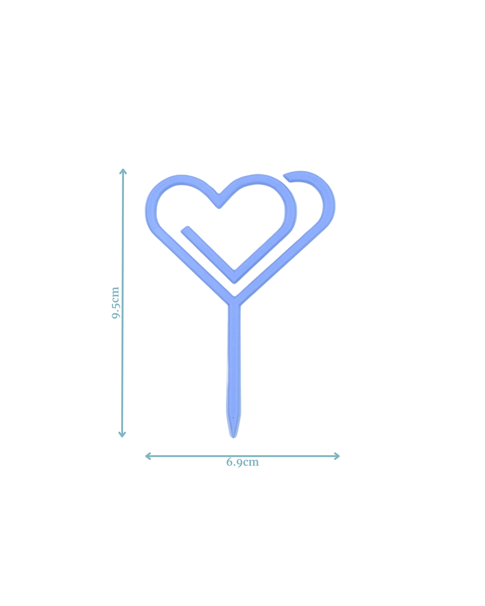 A light blue heart-shaped clip with a pointed end, measuring 9.5cm tall and 6.9cm wide.