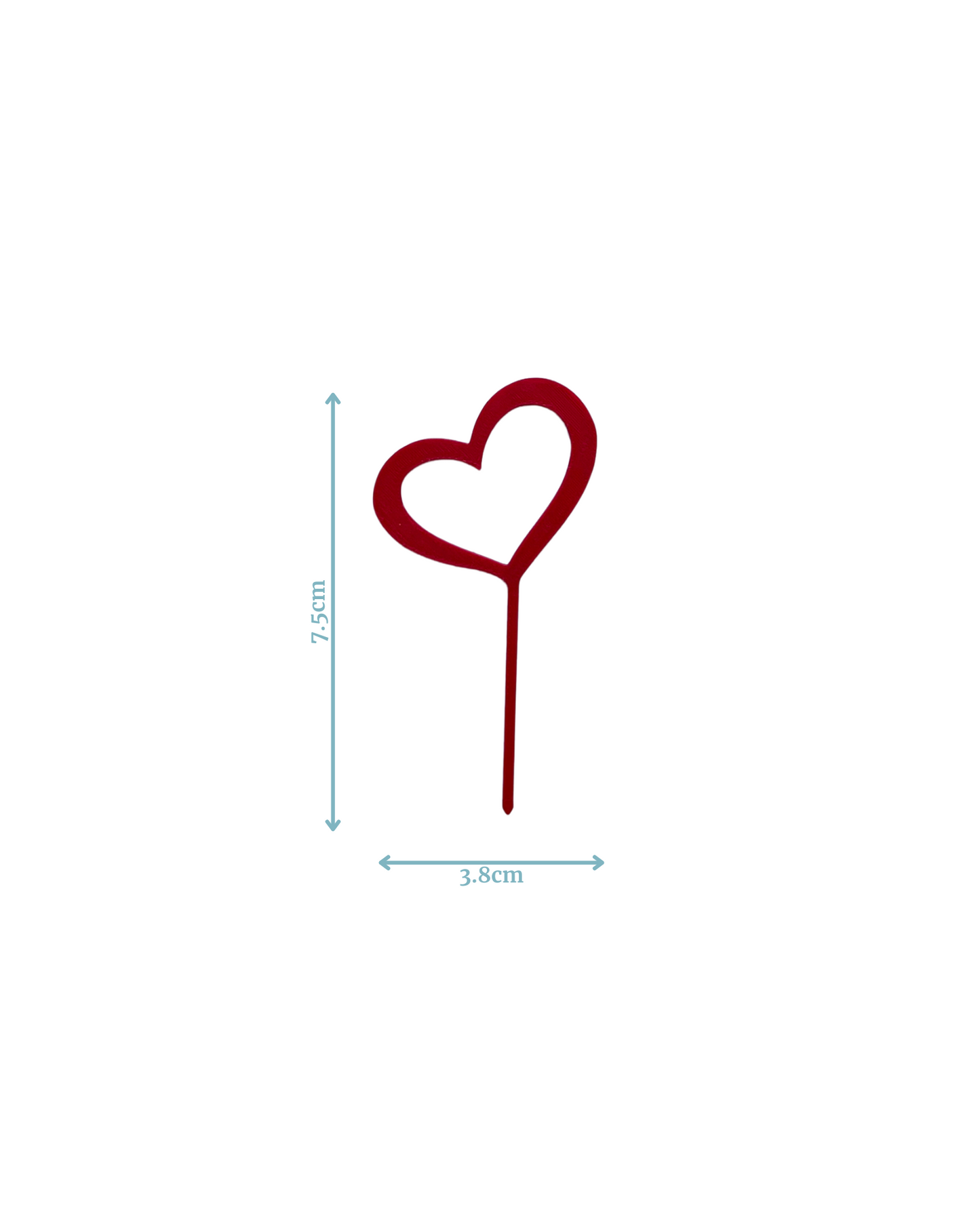 Red heart-shaped decoration on a slender stem, measuring 7.5cm tall and 3.8cm wide, on a white background.