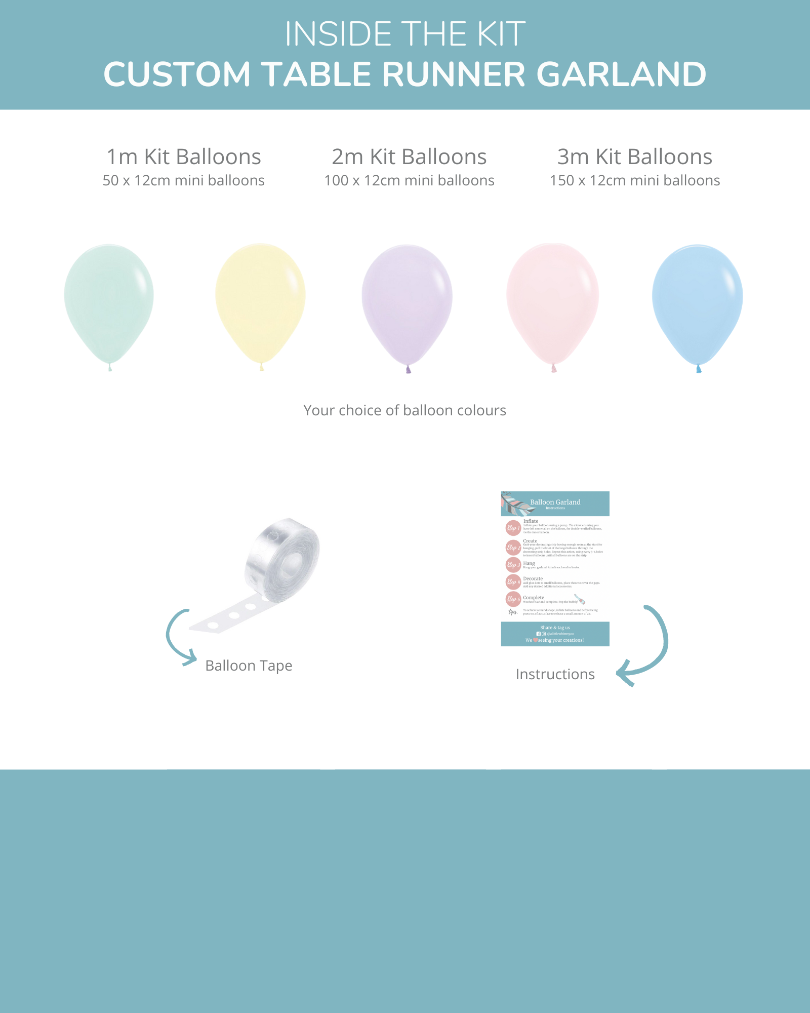 Colorful balloons in pastel shades, balloon tape, and instructional guide for assembling a festive garland.