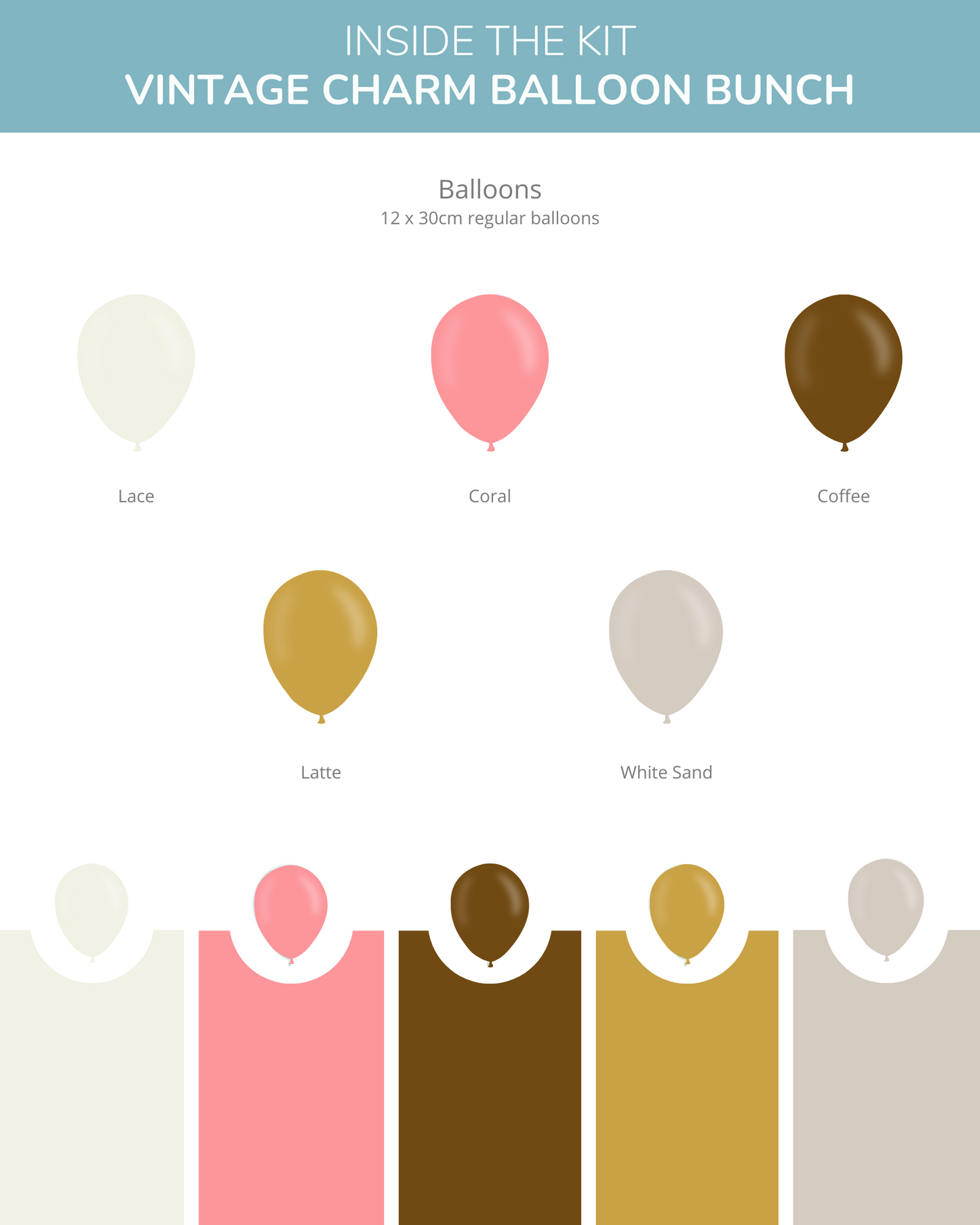 A collection of balloons in soft colors: lace, coral, coffee, latte, and white sand, arranged with swatches below.