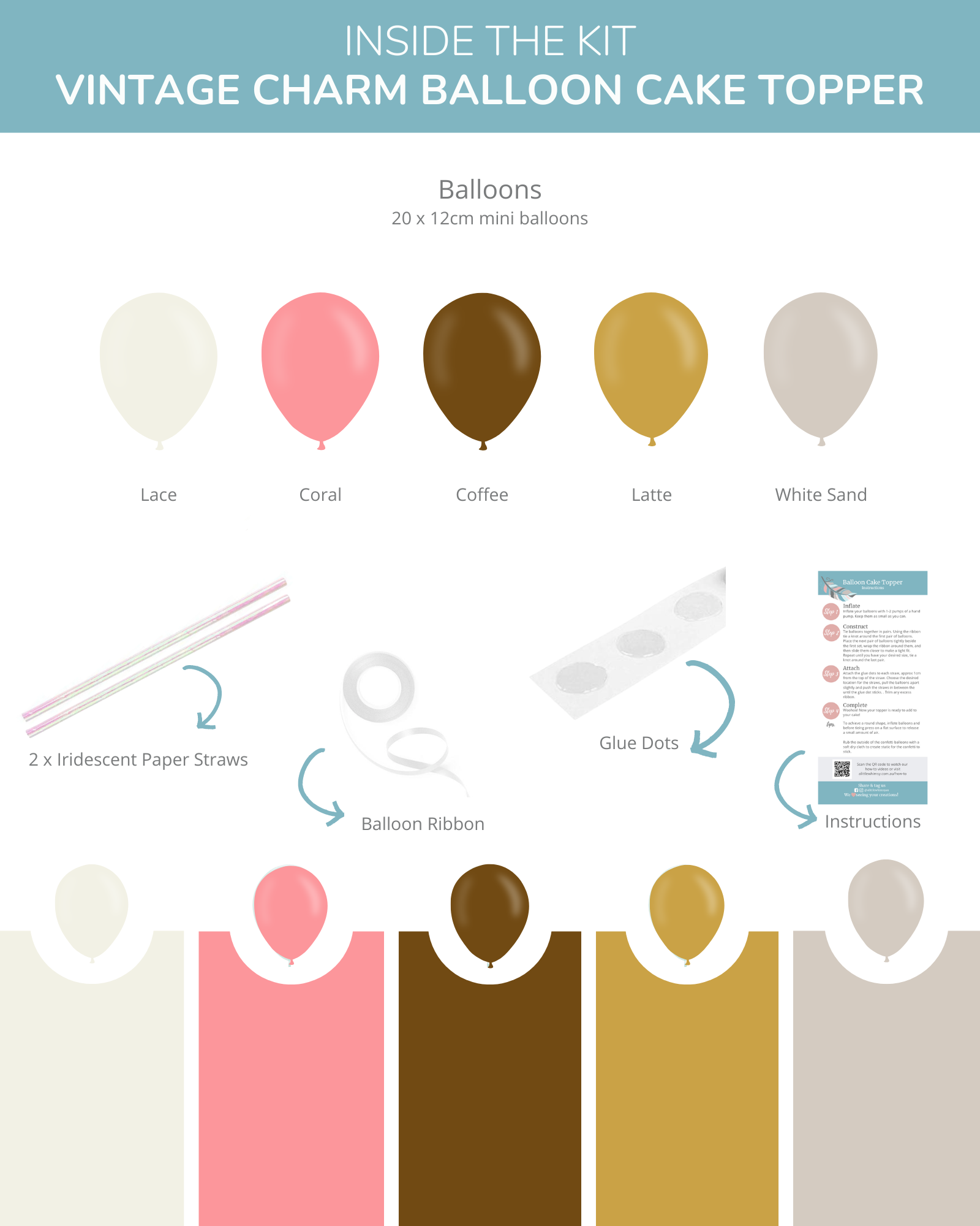 A collection of mini balloons in soft pastel colors, accompanied by straws, ribbon, and instructions for assembly.