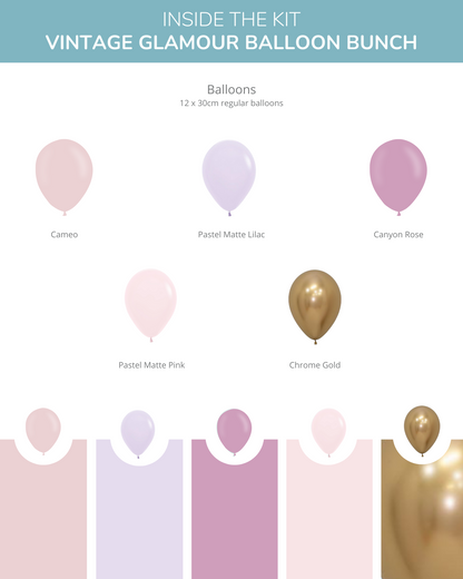 A collection of pastel and metallic balloons in soft hues like pink, lilac, and gold, perfect for festive occasions.