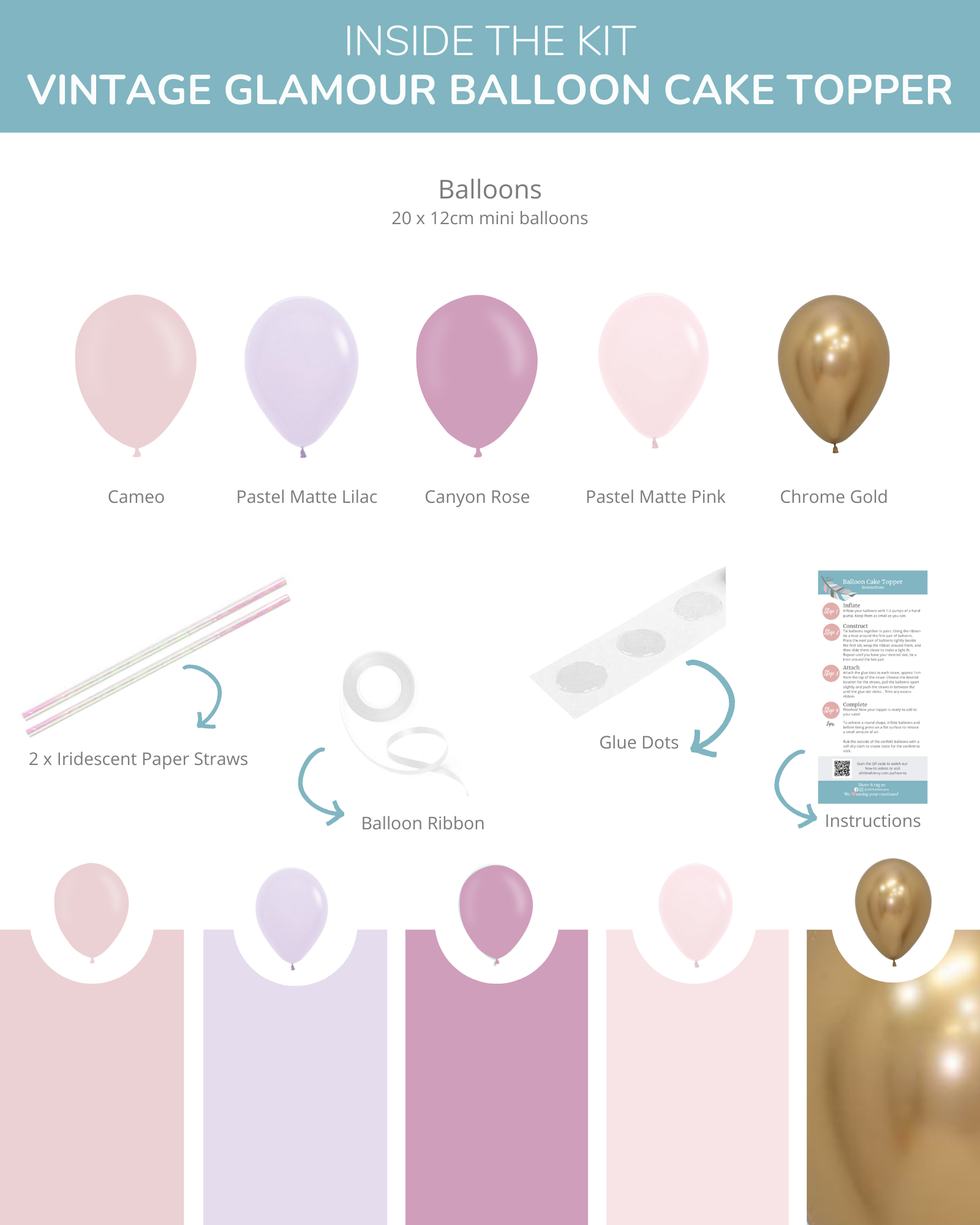 A collection of pastel balloons in soft hues, featuring iridescent straws and a shiny gold balloon for a festive touch.