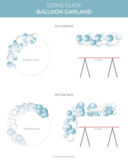 Sizing guide featuring balloon garlands in two sizes: 2m and 4m, with decorative arrangements and table dimensions.