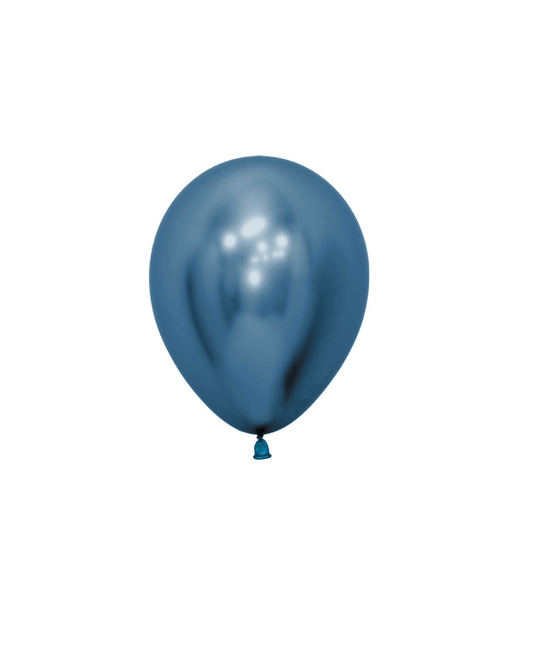 Shiny blue balloon with a smooth surface, reflecting light against a white background.