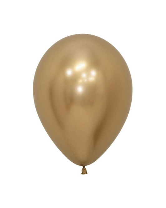 Shiny gold balloon with a smooth surface, reflecting light, hanging from a small knot at the bottom.