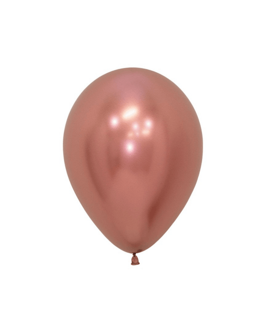 Shiny rose gold balloon with a smooth surface, reflecting light, creating an elegant and festive appearance.