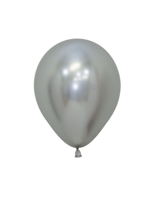 Shiny chrome silver balloon with a smooth surface, reflecting light against a white background.