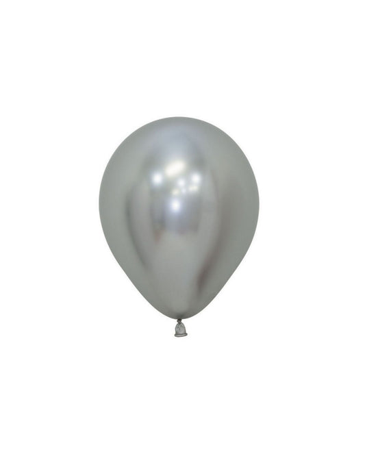 Shiny chrome silver balloon with a smooth surface, reflecting light against a plain white background.