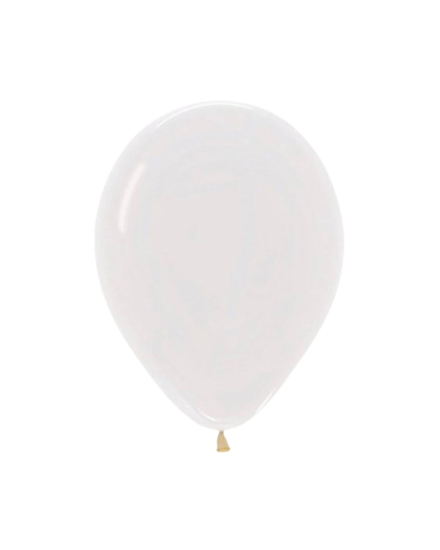 A translucent, crystal-clear balloon with a golden knot at the base, floating against a white background.