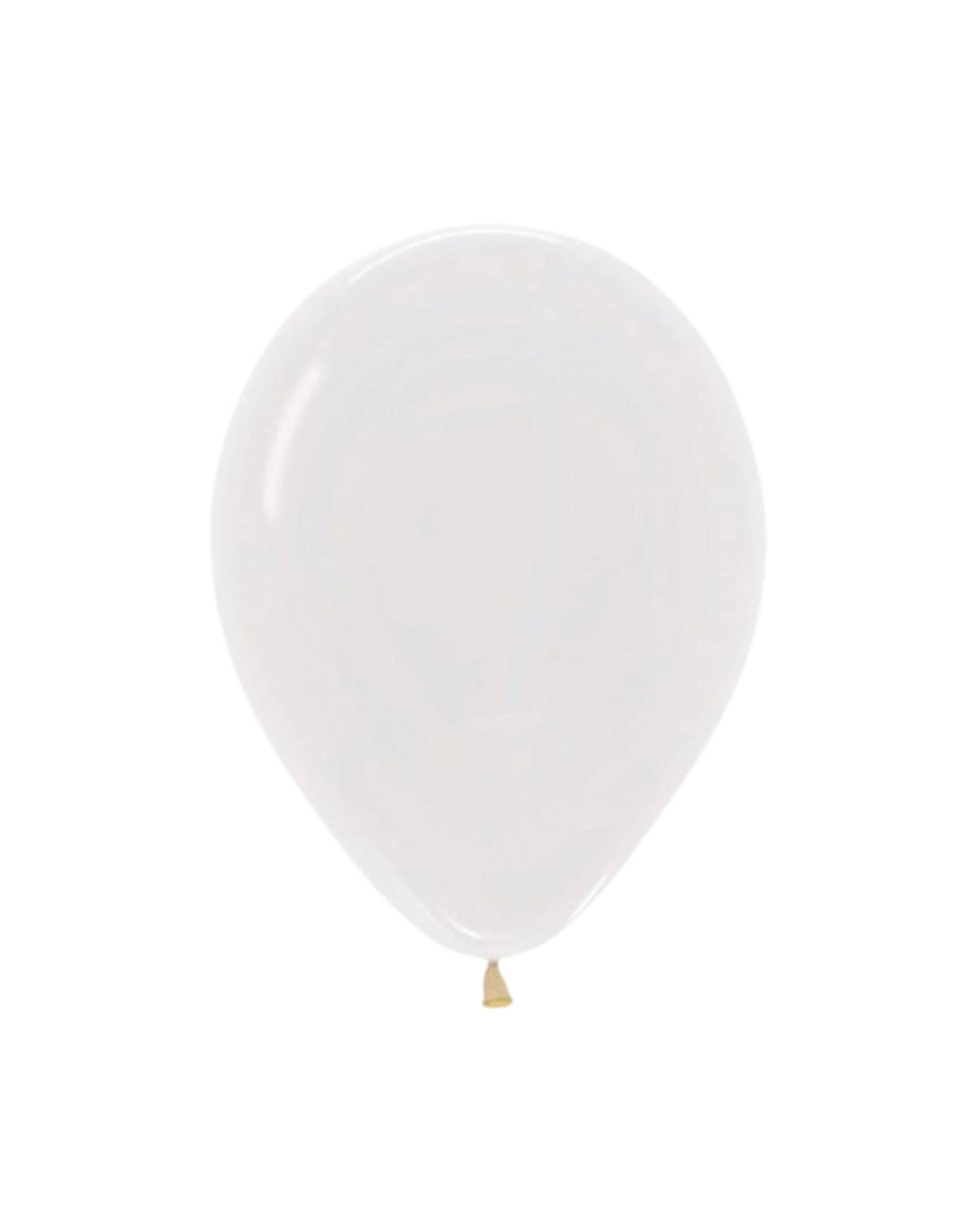 A translucent, crystal-clear balloon with a golden knot at the base, floating against a white background.