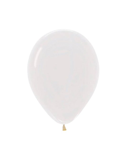 A translucent, crystal-clear balloon with a golden knot at the base, floating against a white background.