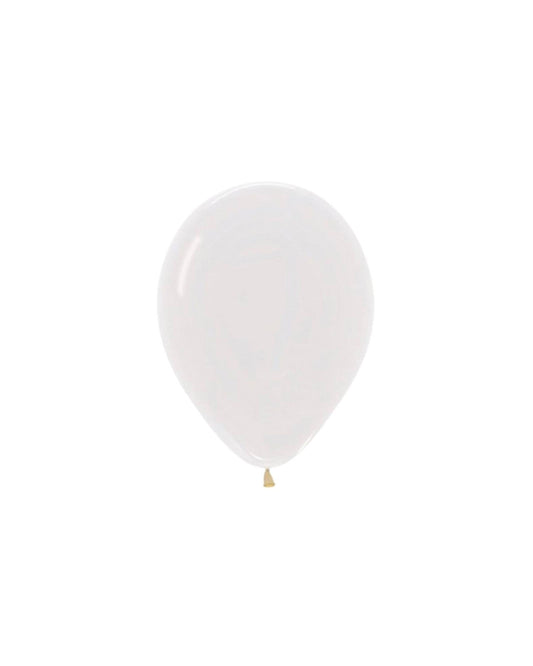 Clear balloon with a glossy surface, hanging from a small golden knot against a white background.