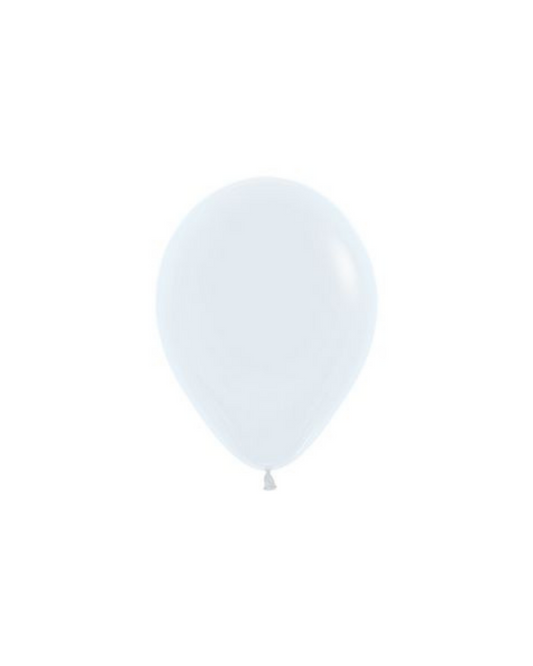 A round, glossy white balloon with a tied end, floating against a plain background.