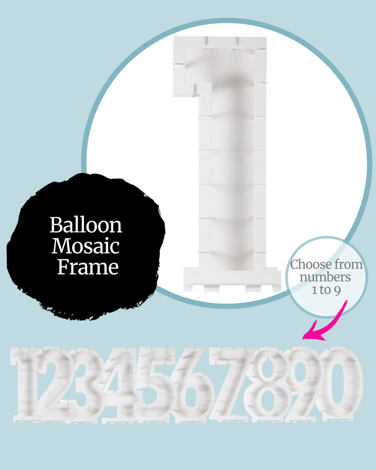 White balloon mosaic frame shaped like the number one, surrounded by numbers 0 to 9 on a soft blue background.