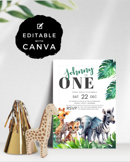 Colorful jungle animals surround a birthday invitation featuring tropical leaves and a festive party hat.