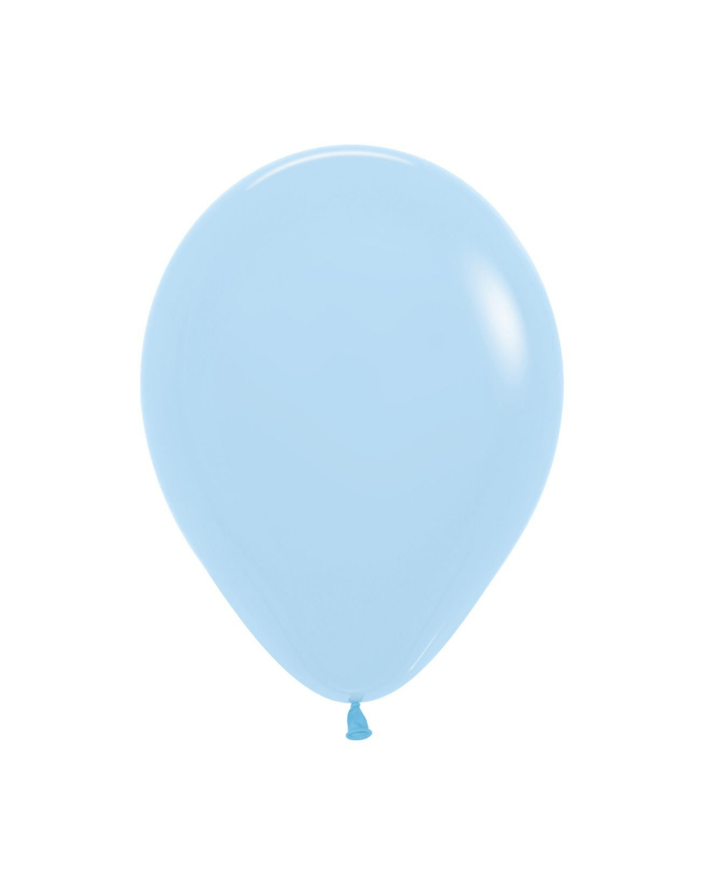 A glossy pastel blue balloon with a rounded shape and a tied end, set against a plain white background.