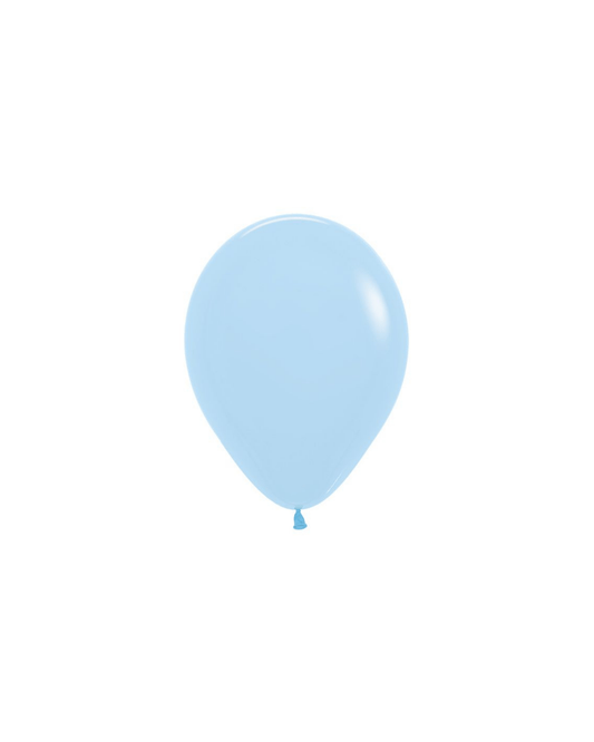 Matte pastel blue balloon floating against a white background, featuring a smooth, shiny surface and a small tied end.