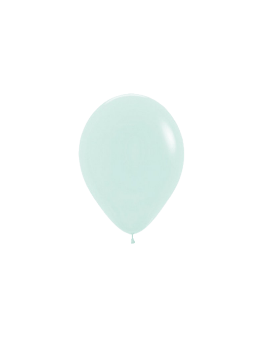 Pastel matte green balloon with a smooth surface, gently reflecting light, set against a plain white background.