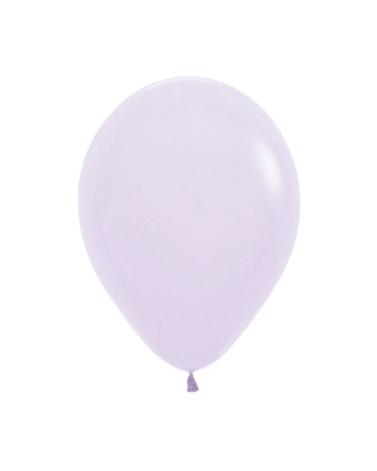 Matte lilac balloon, round shape, features a smooth surface and a tied end, set against a clean white background.