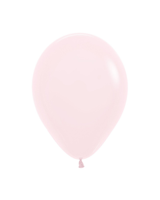 A smooth, pastel matte pink balloon, round and glossy, with a tied end, set against a plain white background.