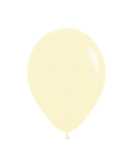 Pastel matte yellow balloon, round shape, smooth surface, hanging from a small tied end against a white background.